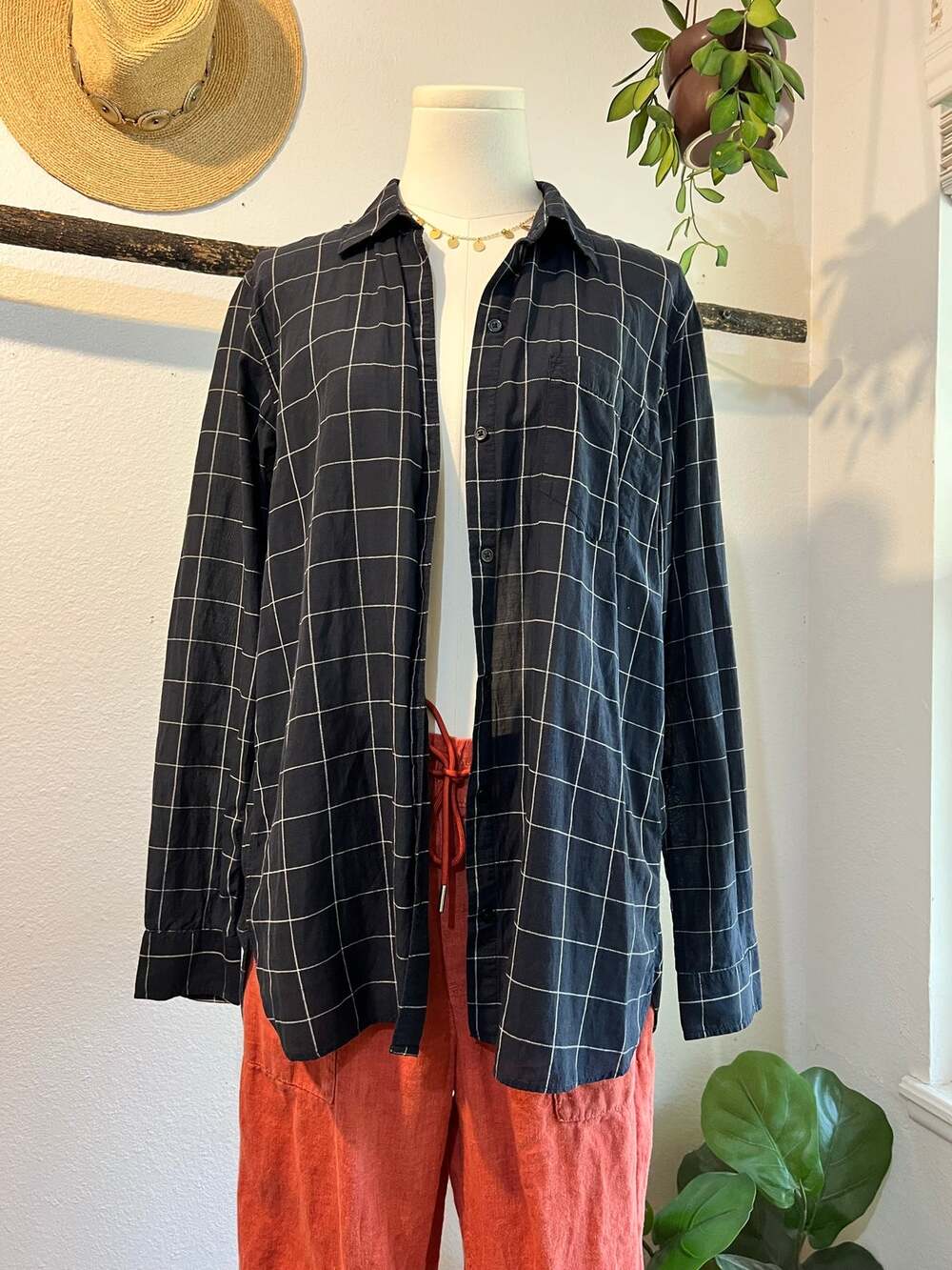 GAP Blue Window Panel Plaid Long Sleeve Cotton Lightweight Shirt Size Large